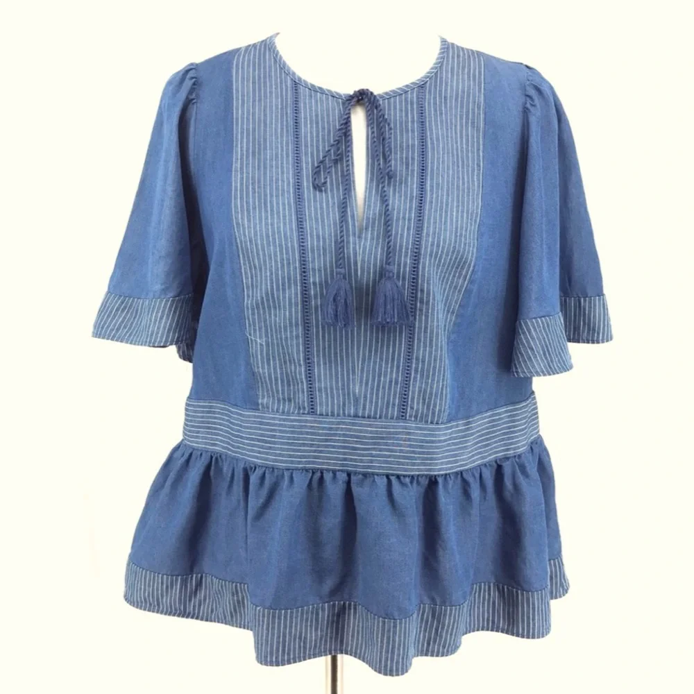 Kate Spade Indigo Railroad Chambray Tassel Top L
